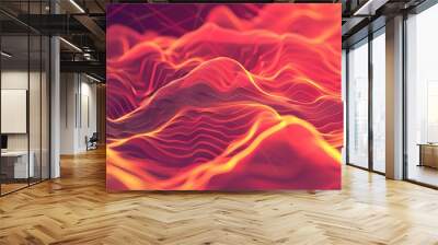 Abstract red and orange wavy lines in a 3D digital art style. Wall mural