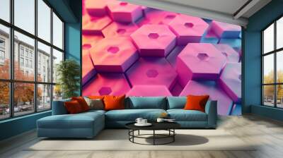 An abstract 3D rendering of a honeycomb pattern with pink and blue hexagons. Wall mural