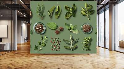 An assortment of fresh herbs and spices laid out on a green background. Wall mural