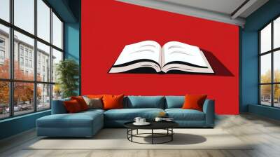 An open book with white pages and a long shadow, on a red background. Wall mural