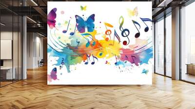 Colorful musical notes and butterflies against a white background. Wall mural