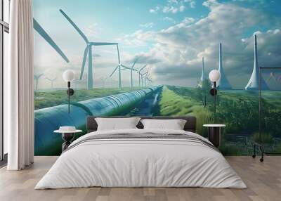 A hydrogen pipeline with wind turbines in the background. Green hydrogen gas production concept. Sustainable green energy. Eco-friendly environment natural gas production. Wall mural