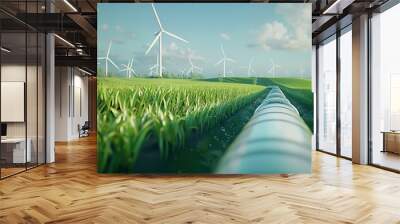 A hydrogen pipeline with wind turbines in the background. Green hydrogen gas production concept. Sustainable green energy. Eco-friendly environment natural gas production. Wall mural