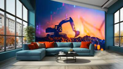 A stock market graph with an excavator working on a construction site, representing the growth & of heavy equipment industries and construction. Wall mural