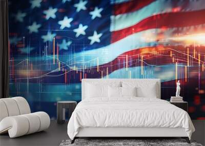 Abstract virtual financial technical graph hologram on USA flag and cityscape background, forex and investment concept. Global economy, stock exchange. Multiexposure. Wall mural