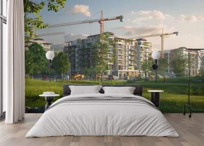 Construction site of modern apartment buildings with cranes and machinery surrounded by open green fields of grassy nature environment background. A beautiful serene landscape. Residential complex con Wall mural