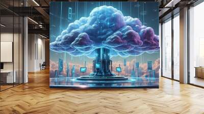 Digital informational technology web futuristic hologram with cloud icon, blue golden light digits and code background, cloud computing. Abstract Motion of digital data flow. Generative AI  Wall mural