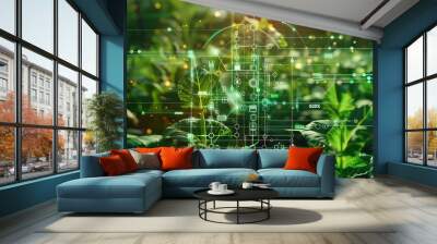 Enhancing efficiency in futuristic agriculture through AI data analysis icons. sowing crops using artificial intelligence. digitized eco friendly and sustainable harvesting concepts Wall mural