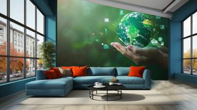 ESG icon concept in the woman hand for environmental, social, and governance by using technology of renewable resources to reduce pollution and carbon emission. Generative AI Wall mural