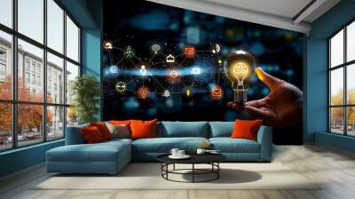 Skills, Knowledge and Ability. Man hand touching light bulb with icons of skills. Thinking, Creativity, Management, Thinking outside the box, Creative thinking, Digital skill, Education concept Wall mural