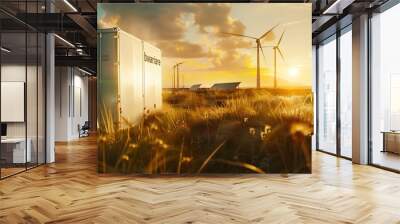 Smart grid renewable energy system solution for future smart cities at sunset. 3d rendering - Generative AI Wall mural