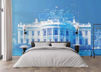 The White House at day, Washington DC, USA. Executive branch. President administration. Artificial Intelligence concept, hologram. AI, machine learning, neural network, robotics. Generative AI Wall mural