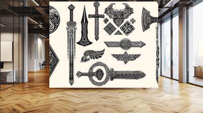 Viking design decorative celtic elements. Warrior vector graphics icons. Vikings warrior items in vector set DYI elements - Generative AI Wall mural