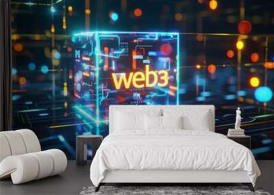 WEB 3.0. Concept of decentralized internet. Wide banner. WEB 3 technology concept. WEB 3.0 3d rendering - Generative AI Wall mural