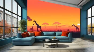 Wild giraffe reaching with long neck to eat from tall tree and red deer relax. sunset giraffe silhouette. African savannah. Wall mural