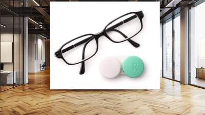 Top view of eyeglasses and eye contact lenses Wall mural