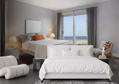 grey bedroom with ocean sea view. Wall mural