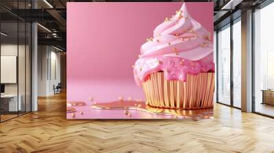 A cupcake with pink frosting and elegant golden drips on a complementary background. Creative food concept. Party concept.	 Wall mural