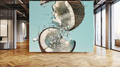 An open coconut halves with silver sprinkles spilling out against a solid blue background. Minimal party and fun concept.	 Wall mural