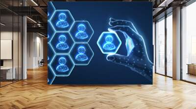 Abstract 3d human hand hold leader icon in hexagon and people pyramid. Manage human resurse, team leader, recruitment process Wall mural