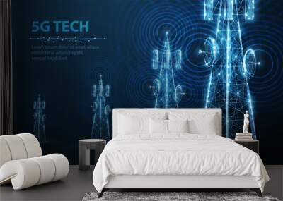 Abstract antenna mast on blue. 5G technology, telecommunication industry Wall mural