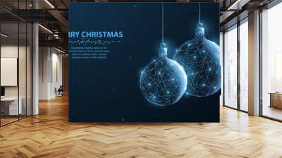 Balls. Abstract illustration two decoration christmas glitter balls on blue background with snowflake, snow, shine stars. Wall mural