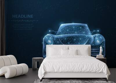 Car. Abstract 3d polygonal wireframe low poly sport car on blue night sky with stars. Wall mural