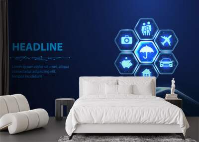 Complex insurance plan. Insurance objects icons inside hexagons around umbrella icon. Wall mural