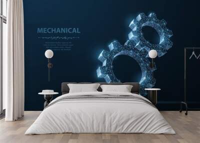 Gears. Abstract vector wireframe two gear 3d modern illustration on dark blue background. Wall mural