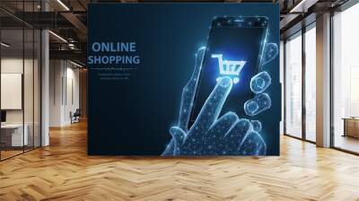 Mobile phone. Abstract vector closeup Illustration of smartphone in man holding hand and fingers touch shopingcart icon app. Wall mural