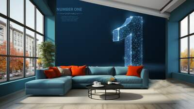 One. Abstract vector 3d number 1 illustration isolated on blue background. Celebration, success, winner, leader symbol. Wall mural