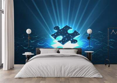 Single puzzle under a puzzle pattern with a shining bright puzzle hole. 3d abstract low pole. Wall mural