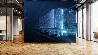 Truck. Abstract vector 3d heavy lorry van. Highway road. Isolated on blue. Wall mural