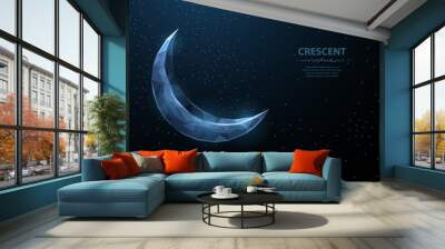 Vector crescent moon. Abstract polygonal wireframe on dark blue night sky background. Night symbol. Arabic, islamic, muslim, ramadan design Wall mural