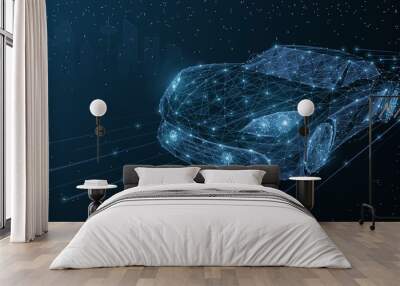 vector high speed motion car night city drive. abstract wire low poy car illustration on dark blue c Wall mural