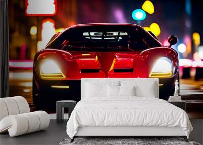 A futuristic concept car rushing along a city street at night. Elegant design, dynamic lighting, blurred motion effect. Showcasing cutting-edge innovations in the auto industry. Wall mural