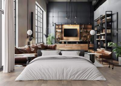 A stylish industrial loft interior featuring modern furniture, exposed brick walls, and wooden accents. Wall mural