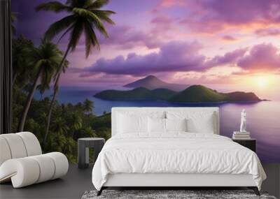 Breathtaking tropical beach scenes with vibrant sunsets, lush palm trees, and crystal-clear waters. The perfect setting for a tranquil and serene getaway. Wall mural