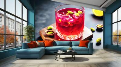 Refreshing hibiscus drink with rose, pistachios and lemon in elegant glasses on a dark background Wall mural