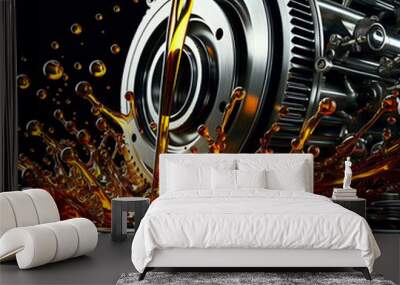 The engine's gone out of control – it’s blown out the oil. Engine components with oil splash, mechanical parts and lubrication concept Wall mural