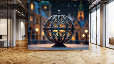 Winter romantic walk through Christmas Prague. Beautiful vintage snow-covered streets with festive lanterns and cozy lights. Wall mural