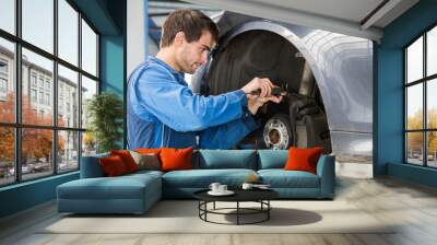 Car Mechanic Examining Brake Disc With Caliper Wall mural