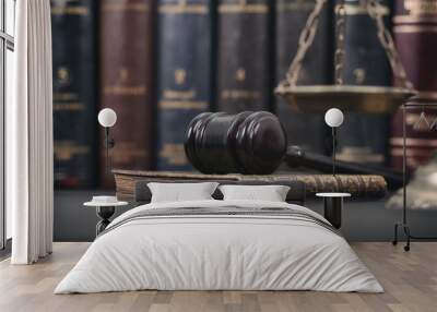 Judge Gavel, Law book and Scales of Justice on a black wooden background, law library concept. Wall mural