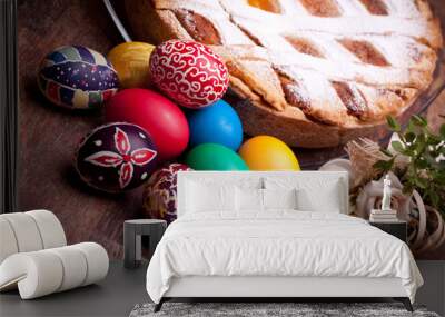 easter card with pastiera and colorful eggs Wall mural