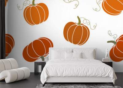 Seamless pattern with cozy orange pumpkins, green pumpkin leaves. Vector cartoon illustration, hello autumn. Thanksgiving day background. Hygge time. Halloween party kitchen linen decor with squash. Wall mural