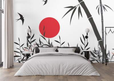 Sumi-e, u-sin or go-hua oriental art stylization of ink painting. Vector background with red moon, ink bamboo stems and leaves, willow branches and two swallows in the sky. Wall mural