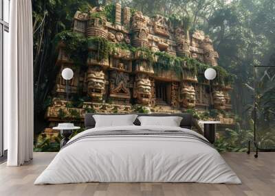 Ancient Mayan Temple Overgrown with Jungle Vines Wall mural