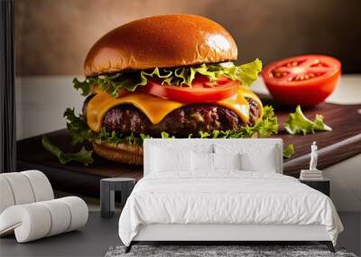 Delicious Cheeseburger with Lettuce an Tomato on a Wooen Cutt Boar Wall mural