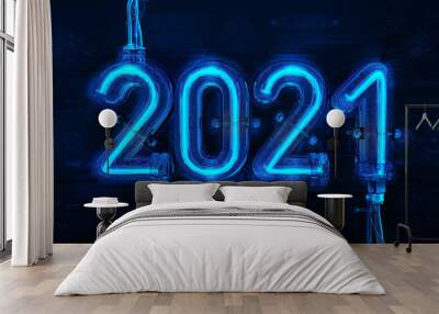 2021 neon text sign light billboard, night time. Glowing blue neon new year design 3D numbers on tech texture background. Merry christmas, Happy new 2021 year light banner sign greeting card, banner Wall mural