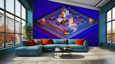 Abstract isometric user web interface design element. Digital glowing isometric design blocks on minimal background. Business system technology, global network, big data, smart app concept. 3D render Wall mural